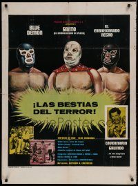 6g482 LAS BESTIAS DEL TERROR Mexican poster '72 Santo, Blue Demon, The black Mask!