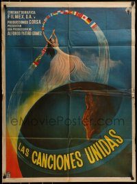 6g484 LAS CANCIONES UNIDAS Mexican poster '60 Alfonso Patino Gomez, and Chano, striking artwork!