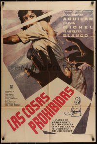 6g486 LAS COSAS PROHIBIDAS Mexican poster '61 cool art of hands & woman in peril!