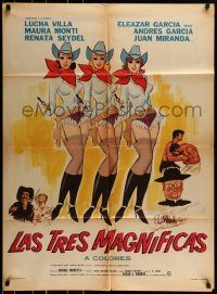 6g490 LAS TRES MAGNIFICAS Mexican poster '70 great artwork of three sexy cowgirls!