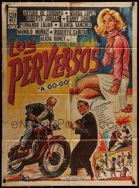 6g494 LOS PERVERSOS Mexican poster '67 cool art of sexy girl, rebel on motorcycle!