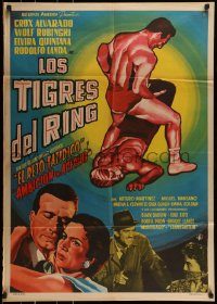 6g497 LOS TIGRES DEL RING Mexican poster '60 great artwork of masked wrestler osing in the ring!