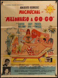 6g503 MILLONARIO A GO-GO Mexican poster '65 wacky beach art of Adalberto 'Machuchal' Rodriguez!