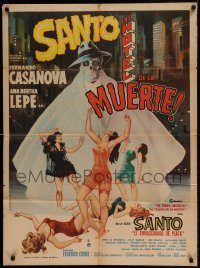 6g526 SANTO EN EL HOTEL DE LA MUERTE Mexican poster '63 art of sexy women and caped skelton!