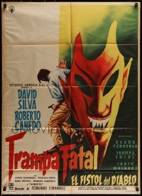 6g542 TRAMPA FATAL Mexican poster '61 Roberto Canedo, striking artwork of devil mask!