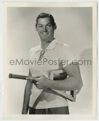 6h482 JOHNNY WEISSMULLER deluxe 8x10 still '35 smiling in his sporty shirt with tennis racket!