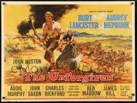 6j161 UNFORGIVEN British quad '60 McCarthy art of Burt Lancaster & Audrey Hepburn, John Huston!