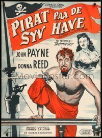 6j198 RAIDERS OF THE SEVEN SEAS Danish '54 Wenzel art of barechested pirate John Payne, Donna Reed