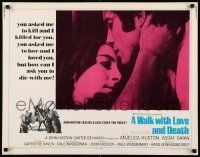 6k473 WALK WITH LOVE & DEATH 1/2sh '69 John Huston, Anjelica Huston romantic close up!