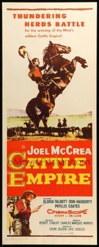 6k569 CATTLE EMPIRE insert '58 cool full-length image of cowboy Joel McCrea on rearing horse!