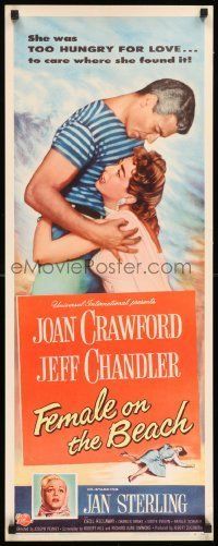 6k631 FEMALE ON THE BEACH insert '55 art of Joan Crawford and Jeff Chandler embracing!