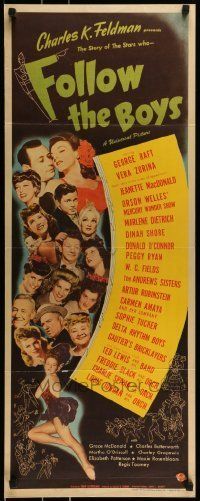 6k641 FOLLOW THE BOYS insert '44 Welles, Fields, Dietrich, MacDonald & more Universal all-stars!