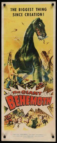6k662 GIANT BEHEMOTH insert '59 cool art of massive brontosaurus dinosaur monster smashing city!