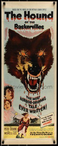 6k696 HOUND OF THE BASKERVILLES insert '59 Peter Cushing, great blood-dripping dog artwork!