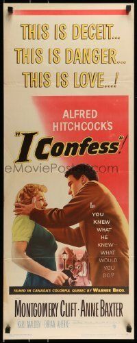 6k703 I CONFESS insert '53 Alfred Hitchcock, art of Montgomery Clift shaking Anne Baxter!