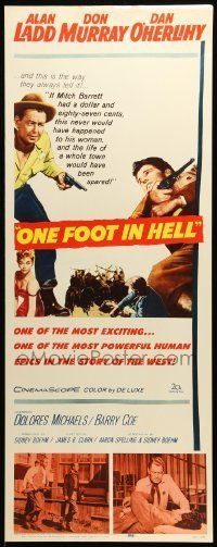 6k821 ONE FOOT IN HELL insert '60 Alan Ladd, Don Murray, hell came to town wearing a badge!