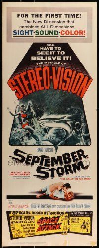 6k883 SEPTEMBER STORM insert '60 art of sexy scuba diver attacked by shark, in Stereo-Vision!