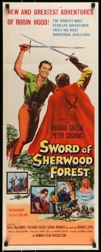 6k928 SWORD OF SHERWOOD FOREST insert '61 art of Richard Greene as Robin Hood fighting Peter Cushing