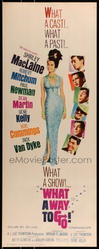 6k977 WHAT A WAY TO GO insert '64 Paul Newman, Mitchum, Dean Martin, full-length Shirley MacLaine!