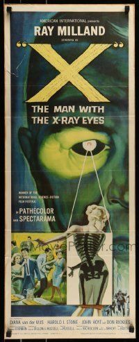 6k994 X: THE MAN WITH THE X-RAY EYES insert '63 Ray Milland, sci-fi art of man peeking on woman!