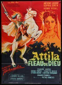 6p569 ATTILA French 1p '55 art of Anthony Quinn on horseback & sexy Sophia Loren by Grinsson!