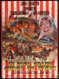 6p627 CIRCUS WORLD French 1p '64 best art of Claudia Cardinale & John Wayne by Jean Mascii!