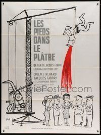 6p797 LES PIEDS DANS LE PLATRE French 1p '65 Sine art of guy on crane dumping red paint on people!