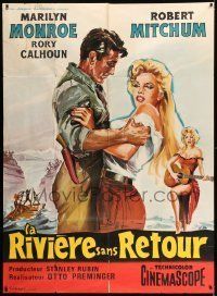 6p897 RIVER OF NO RETURN French 1p R1960s Belinsky art of Mitchum holding sexy Marilyn Monroe!