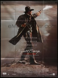 6p990 WYATT EARP French 1p '94 full-length image of cowboy Kevin Costner shooting gun!