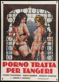 6p119 CONFESSIONS OF THE SEX SLAVES Italian 1p '80 art of two sexy near-naked women behind screen!