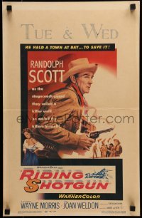 6p477 RIDING SHOTGUN WC '54 great image of cowboy Randolph Scott with smoking gun!