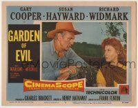 6r546 GARDEN OF EVIL LC #5 '54 close up of cowboy Gary Cooper staring at sexy Susan Hayward!