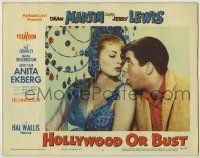 6r568 HOLLYWOOD OR BUST LC #7 '56 best close up of sexy Anita Ekberg seducing wacky Jerry Lewis!