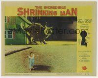 6r590 INCREDIBLE SHRINKING MAN LC #5 '57 special effects image of tiny man fleeing from giant cat!