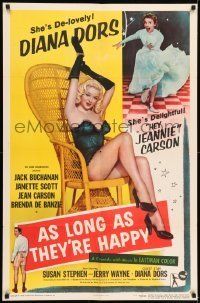 6t060 AS LONG AS THEY'RE HAPPY 1sh '57 sexy Diana Dors barely dressed in wicker chair!