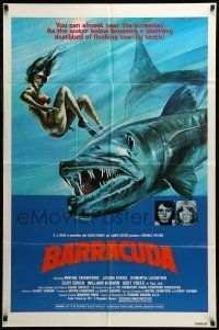 6t079 BARRACUDA 1sh '78 great colorful artwork of huge killer fish attacking sexy diver in bikini!