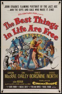 6t095 BEST THINGS IN LIFE ARE FREE 1sh '56 Michael Curtiz, Gordon MacRae, art of gun & trumpet!