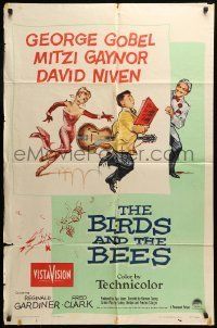 6t110 BIRDS & THE BEES 1sh '56 wacky art of George Gobel, Mitzi Gaynor, & David Niven!
