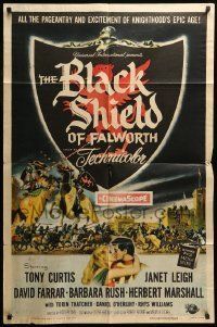 6t112 BLACK SHIELD OF FALWORTH 1sh '54 art of knight Tony Curtis & real life wife Janet Leigh