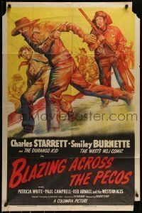 6t116 BLAZING ACROSS THE PECOS 1sh '48 Charles Starrett as The Durango Kid with Smiley Burnette!