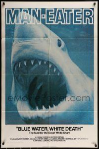 6t132 BLUE WATER, WHITE DEATH 1sh '71 cool super close image of great white shark with open mouth!