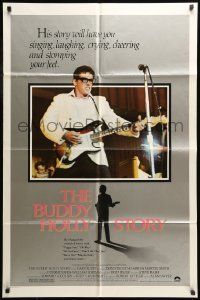 6t148 BUDDY HOLLY STORY 1sh '78 great image of Gary Busey performing on stage with guitar!