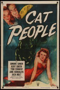 6t162 CAT PEOPLE style A 1sh R52 Val Lewton, full-length sexy Simone Simon by black panther!