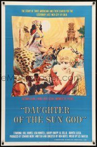 6t213 DAUGHTER OF THE SUN GOD 1sh '63 wild artwork of woman getting clothes ripped off!