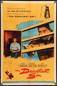 6t221 DEADLIEST SIN 1sh '56 Sydney Chaplin behind bars points gun at pretty Audrey Dalton!