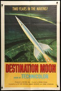 6t230 DESTINATION MOON 1sh '50 Robert A. Heinlein & Irving Pichel, art of rocket flying to space!