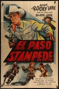 6t262 EL PASO STAMPEDE 1sh '53 close up art of Rocky Lane with gun & punching bad guy!
