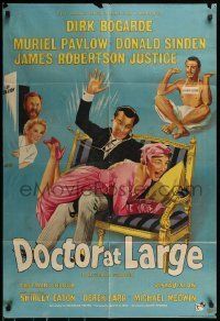 6t248 DOCTOR AT LARGE English 1sh '57 wild artwork of Dirk Bogarde spanking a woman!