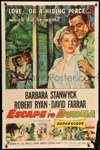6t265 ESCAPE TO BURMA 1sh '55 Robert Ryan & Barbara Stanwyck in the jungle!