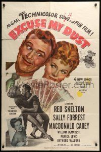 6t271 EXCUSE MY DUST 1sh '51 art of Red Skelton being kissed by two pretty girls!